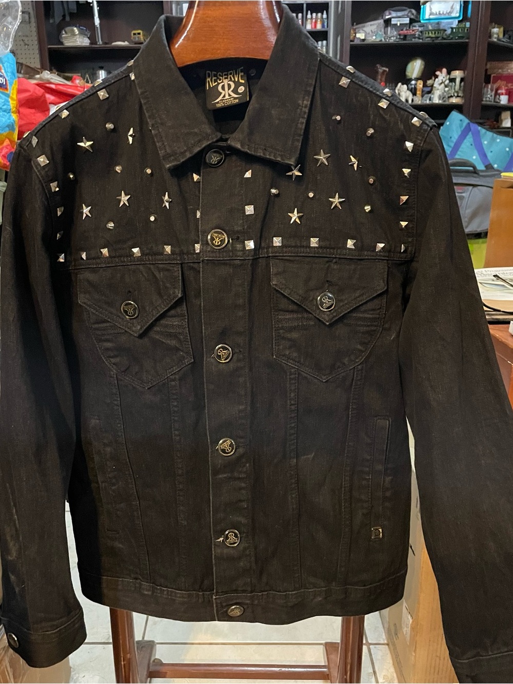 Reserved Black Studded Denim Jacket with Star Accents